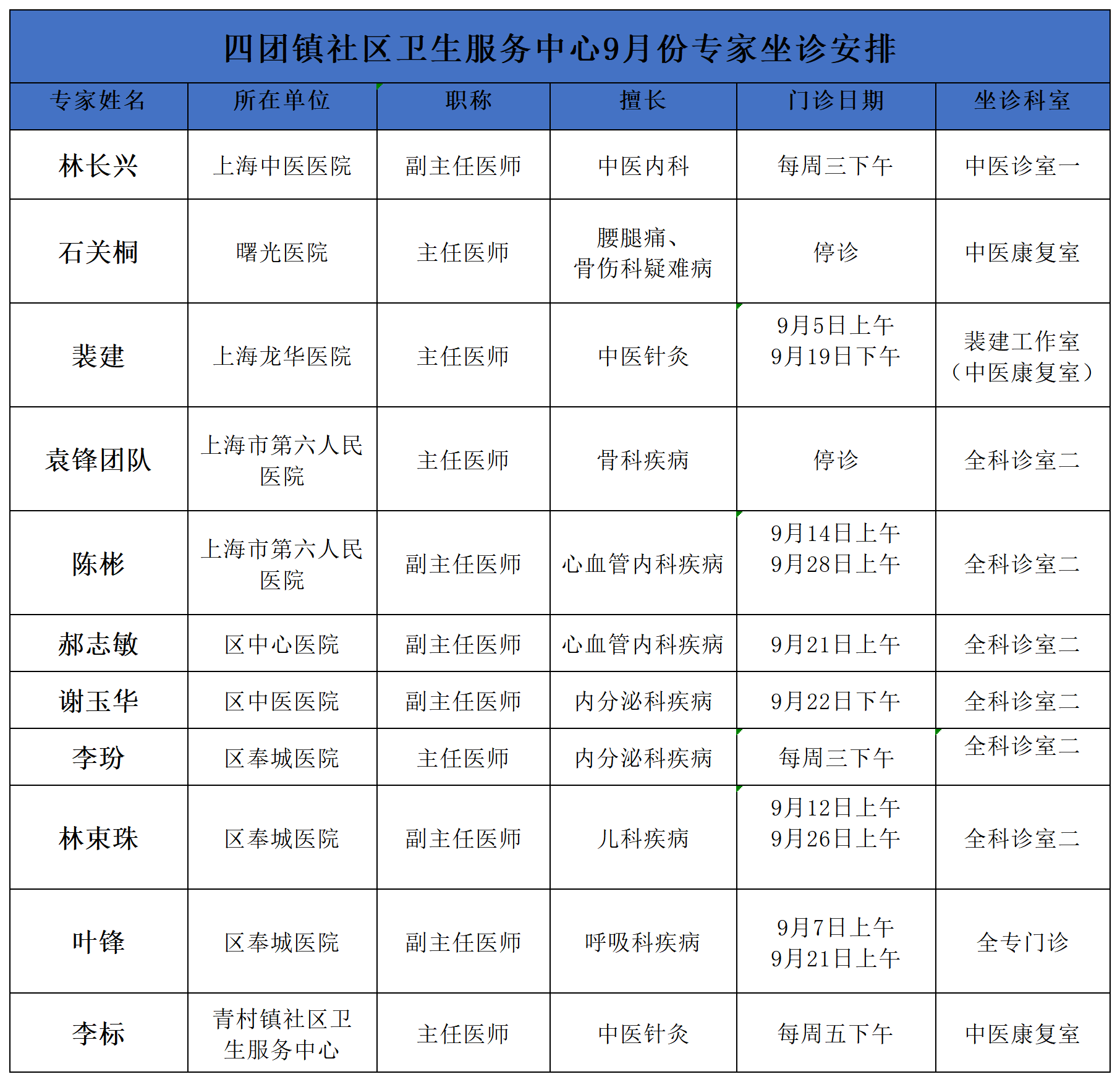 9月份专家坐诊安排表